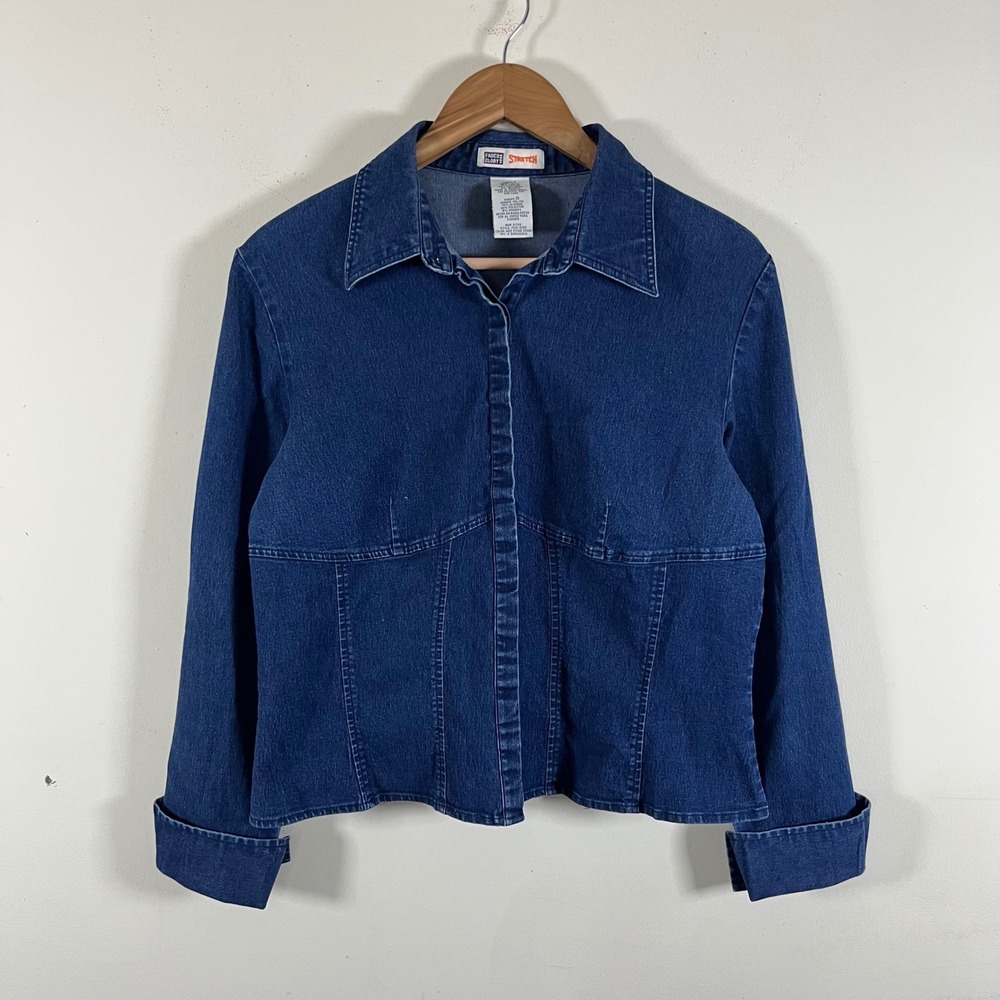 Vintage Y2K Faded Glory Dark Wash Denim Fitted Button Down Shirt Womens Large